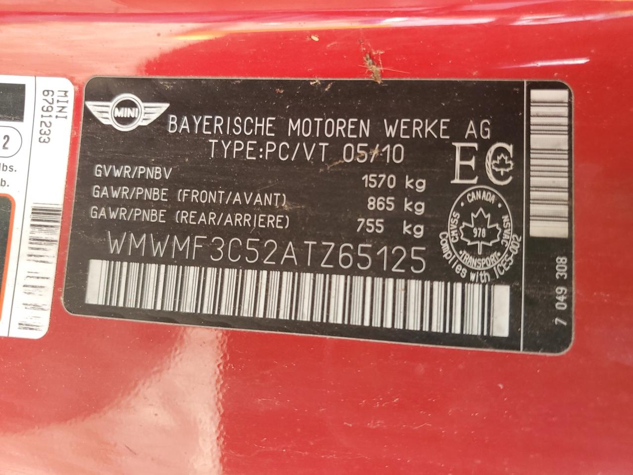 2010 Mini Cooper VIN: WMWMF3C52ATZ65125 Lot: 57271795