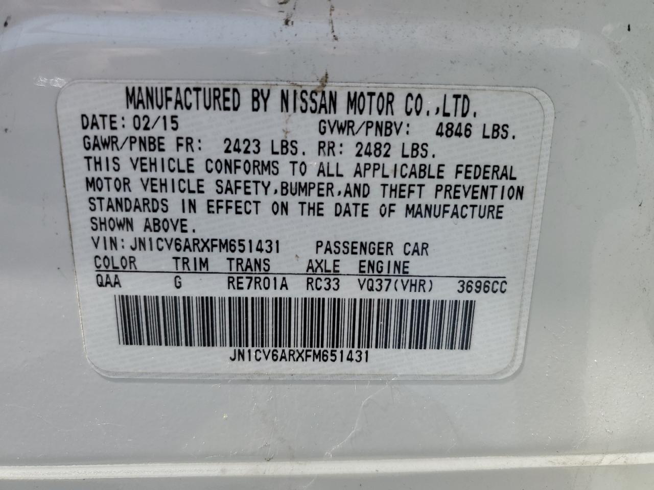 2015 Infiniti Q40 VIN: JN1CV6ARXFM651431 Lot: 55041645