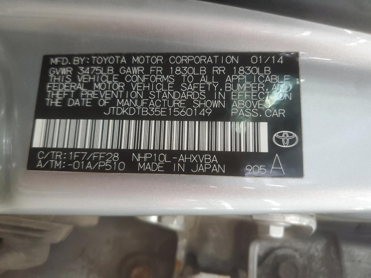 2014 Toyota Prius C VIN: JTDKDTB35E1560149 Lot: 57283295