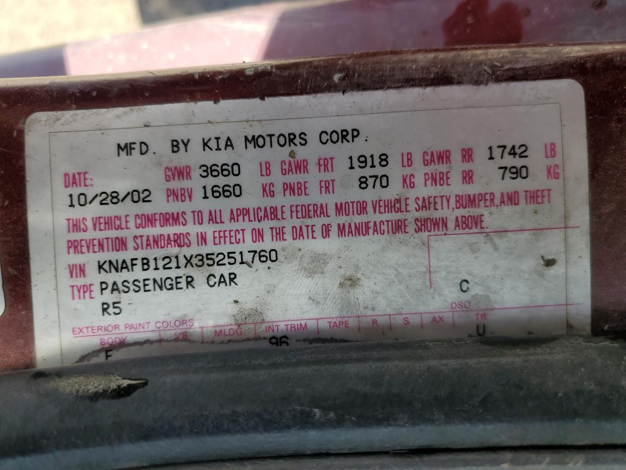 2003 Kia Spectra Base VIN: KNAFB121X35251760 Lot: 56752625