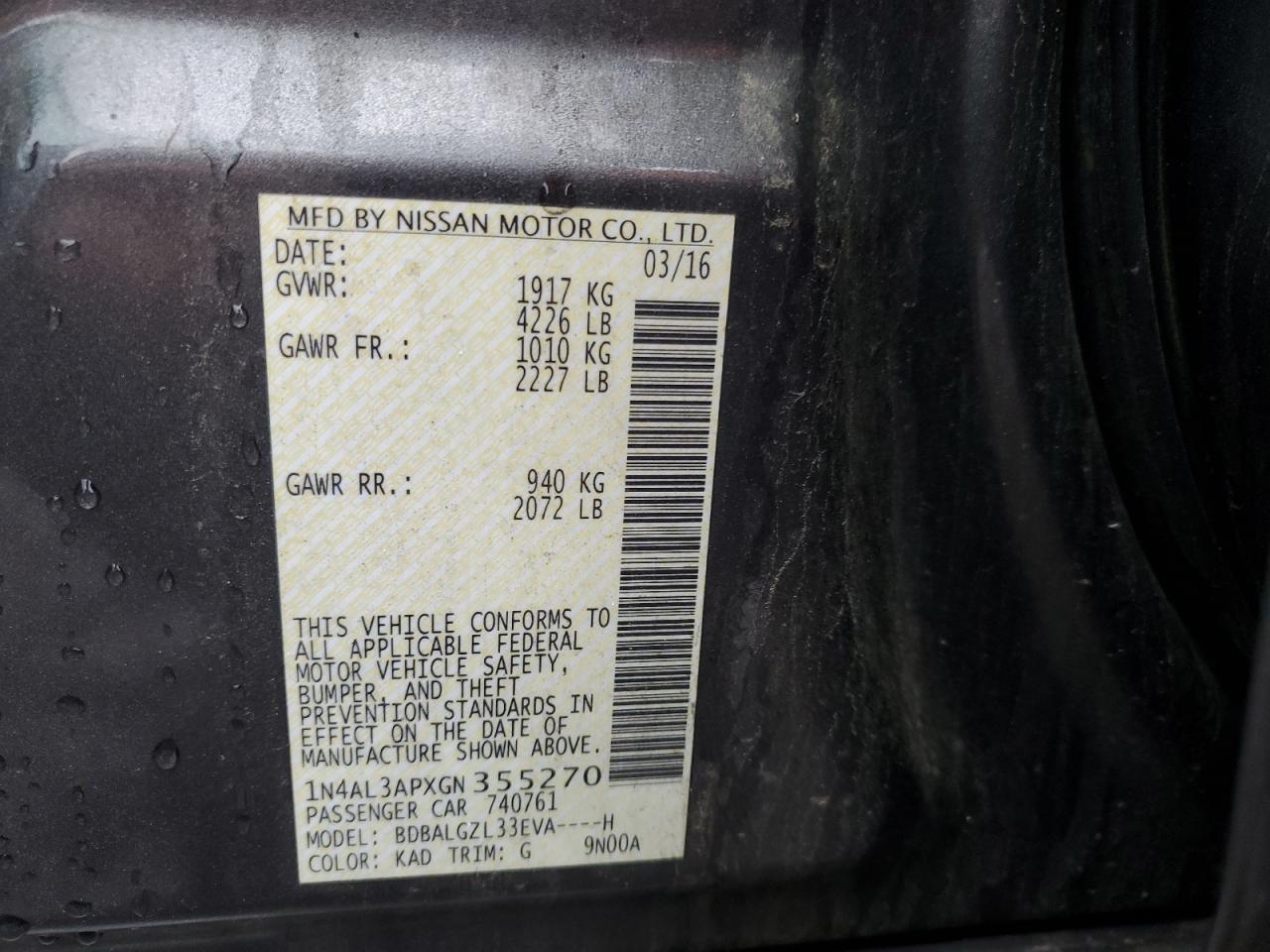 2016 Nissan Altima 2.5 VIN: 1N4AL3APXGN355270 Lot: 56624465