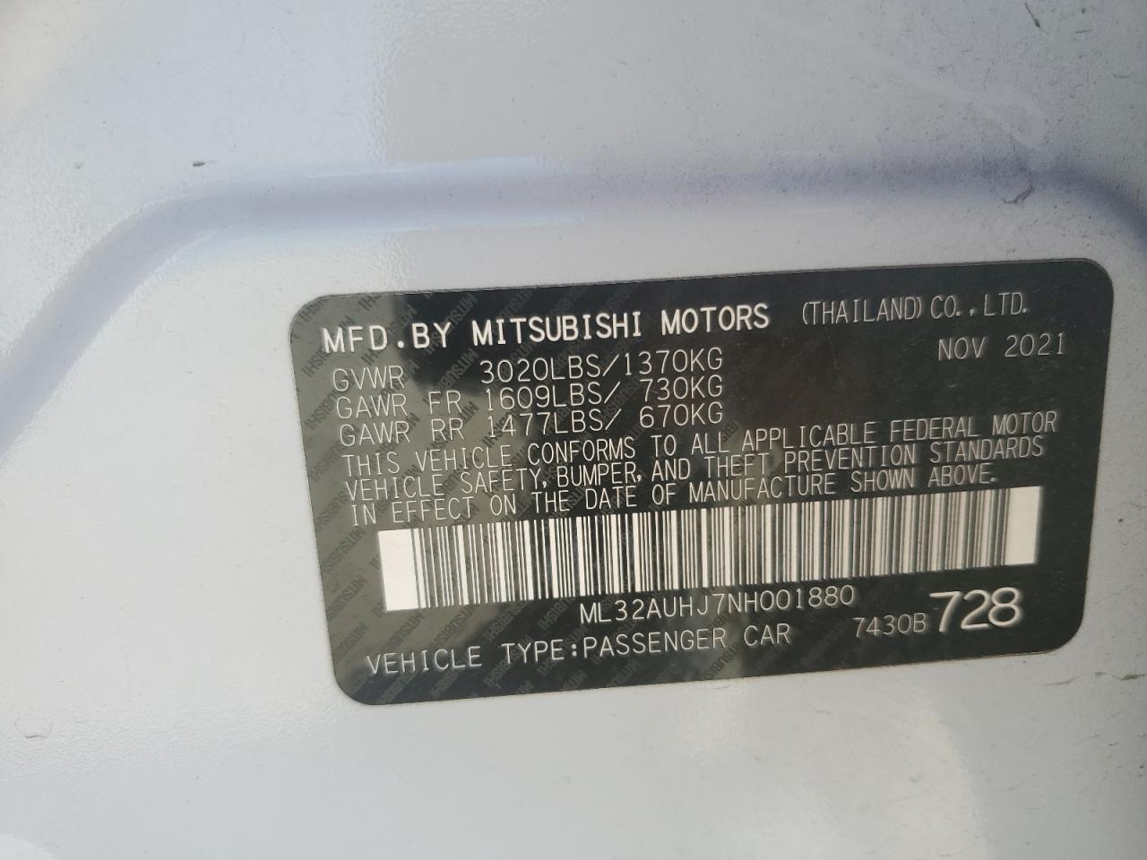 2022 Mitsubishi Mirage Es VIN: ML32AUHJ7NH001880 Lot: 56552955