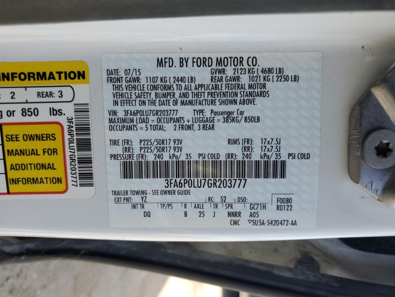 2016 Ford Fusion Se Hybrid VIN: 3FA6P0LU7GR203777 Lot: 57155885