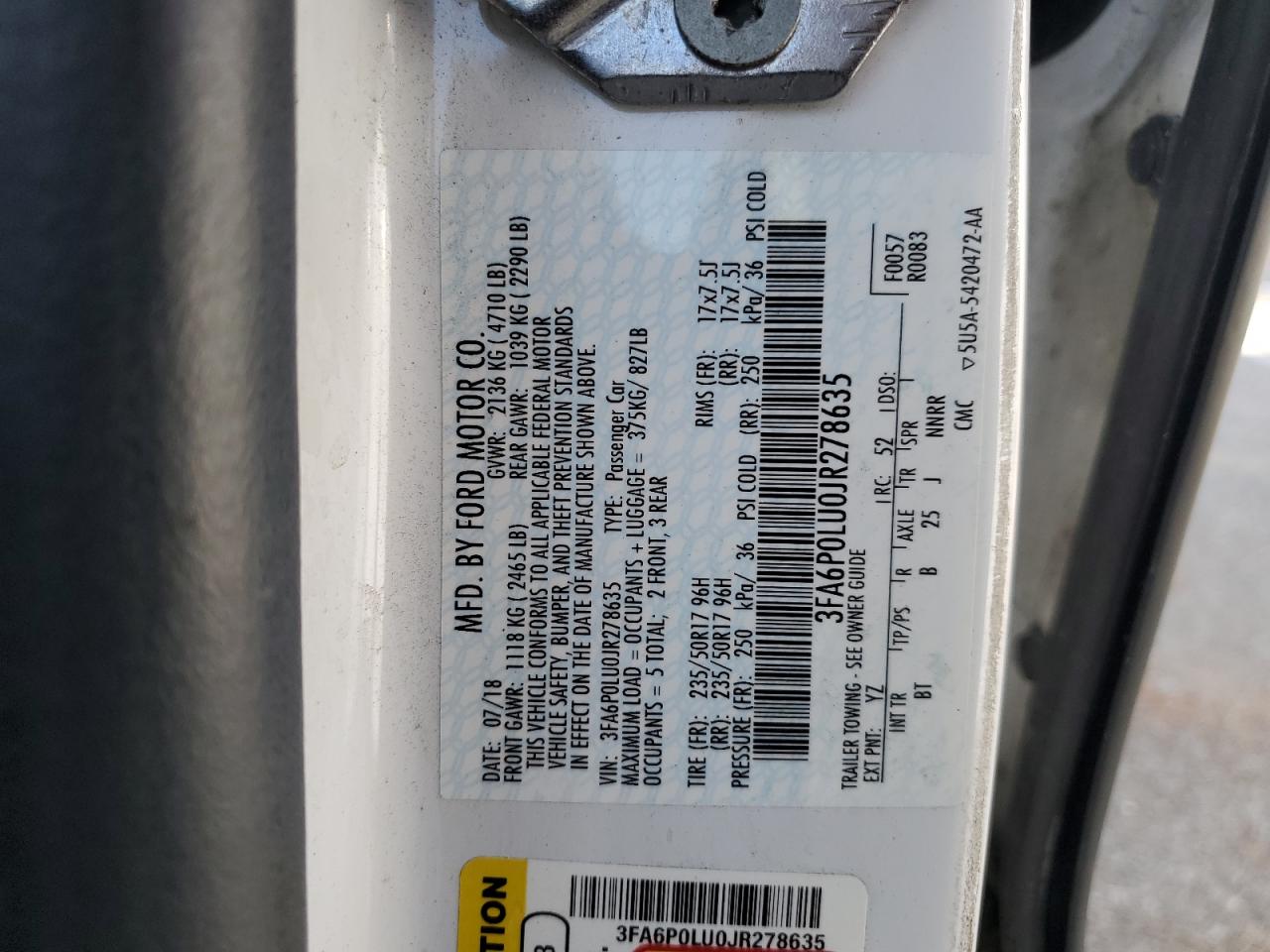 2018 Ford Fusion Se Hybrid VIN: 3FA6P0LU0JR278635 Lot: 54029115