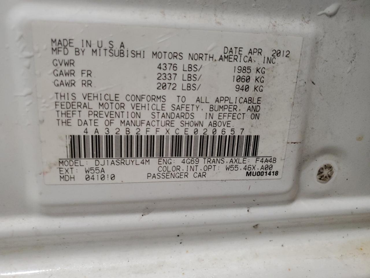 2012 Mitsubishi Galant Fe VIN: 4A32B2FFXCE020657 Lot: 57565185