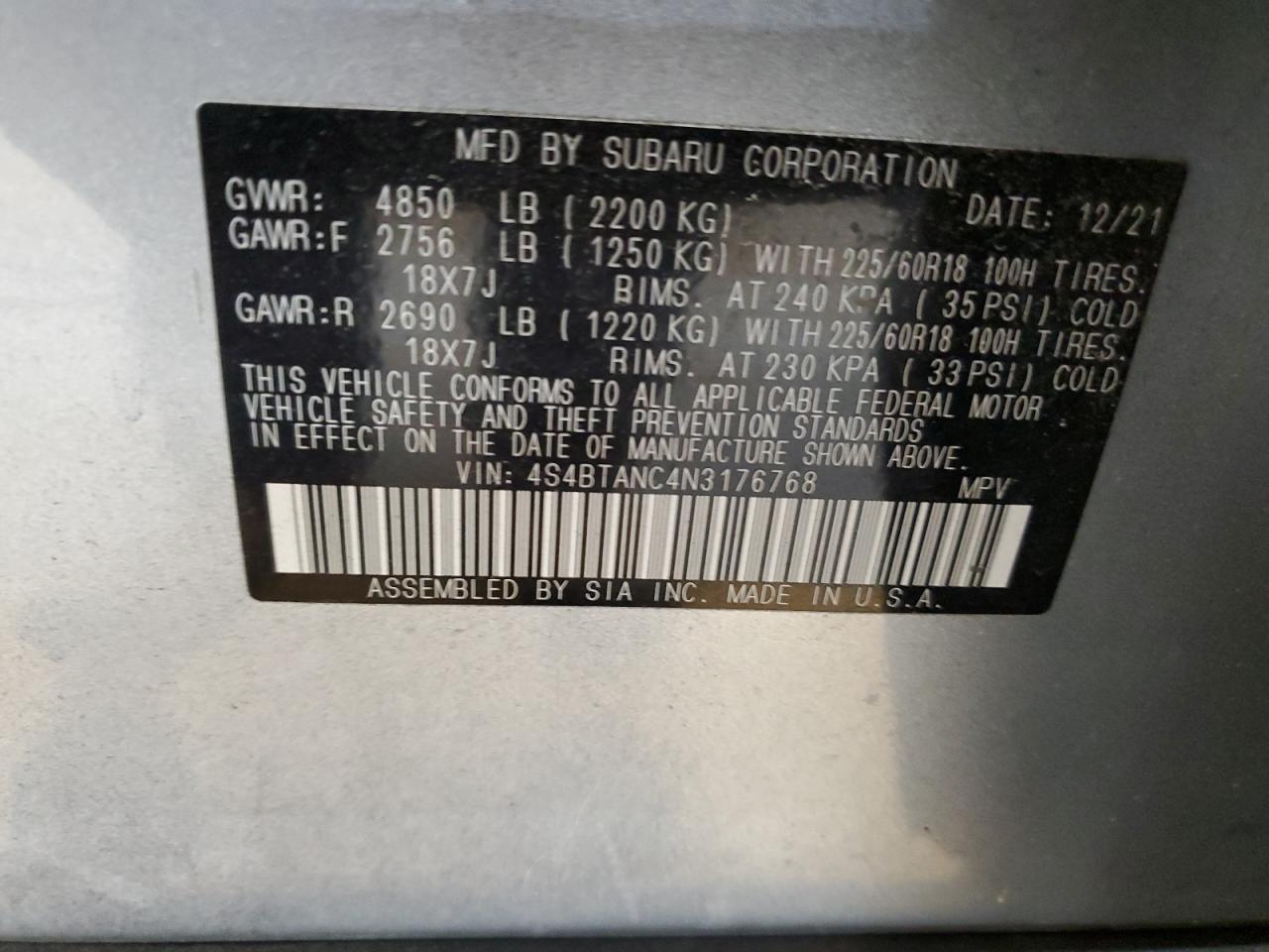 2022 Subaru Outback Limited VIN: 4S4BTANC4N3176768 Lot: 55438645