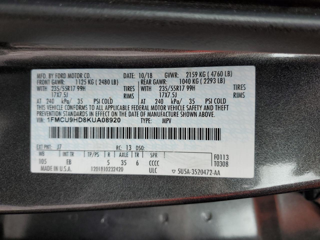 2019 Ford Escape Sel VIN: 1FMCU9HD8KUA08920 Lot: 58034225