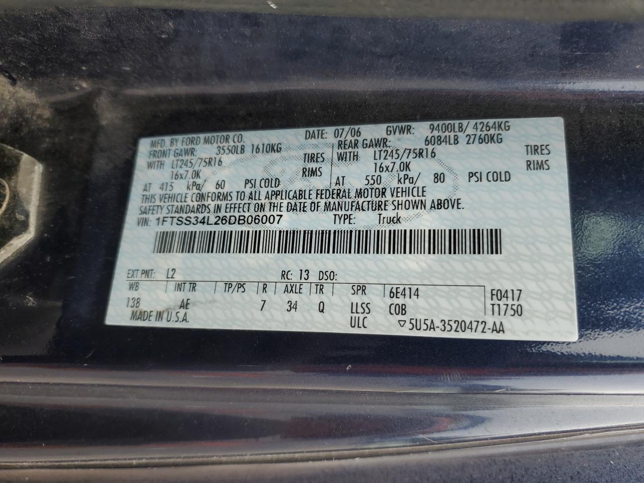 2006 Ford Econoline E350 Super Duty Van VIN: 1FTSS34L26DB06007 Lot: 57309125