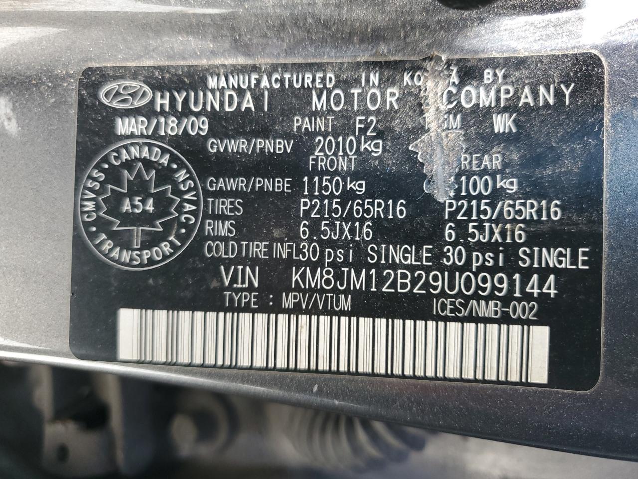 2009 Hyundai Tucson Gls VIN: KM8JM12B29U099144 Lot: 56728675