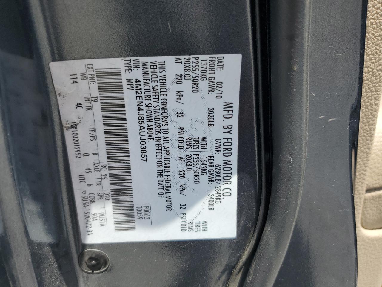 2010 Mercury Mountaineer Premier VIN: 4M2EN4J85AUJ03857 Lot: 56787845