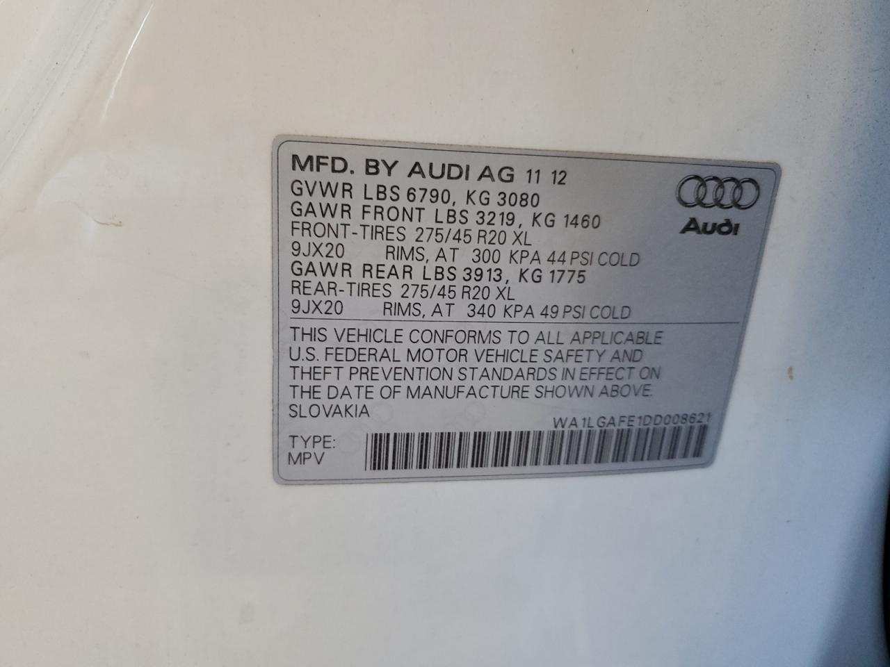 2013 Audi Q7 Premium Plus VIN: WA1LGAFE1DD008621 Lot: 56181275