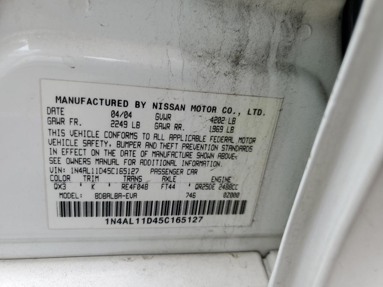 2005 Nissan Altima S VIN: 1N4AL11D45C165127 Lot: 55855465