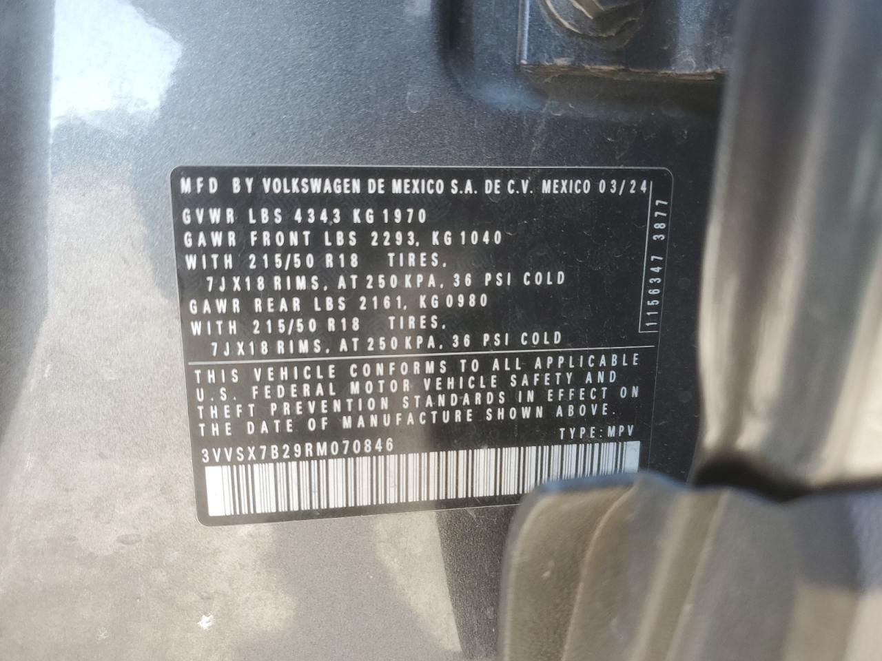 2024 Volkswagen Taos Se VIN: 3VVSX7B29RM070846 Lot: 56407935