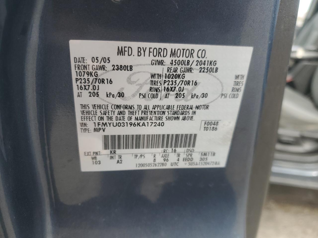 2006 Ford Escape Xlt VIN: 1FMYU03196KA17240 Lot: 57533185