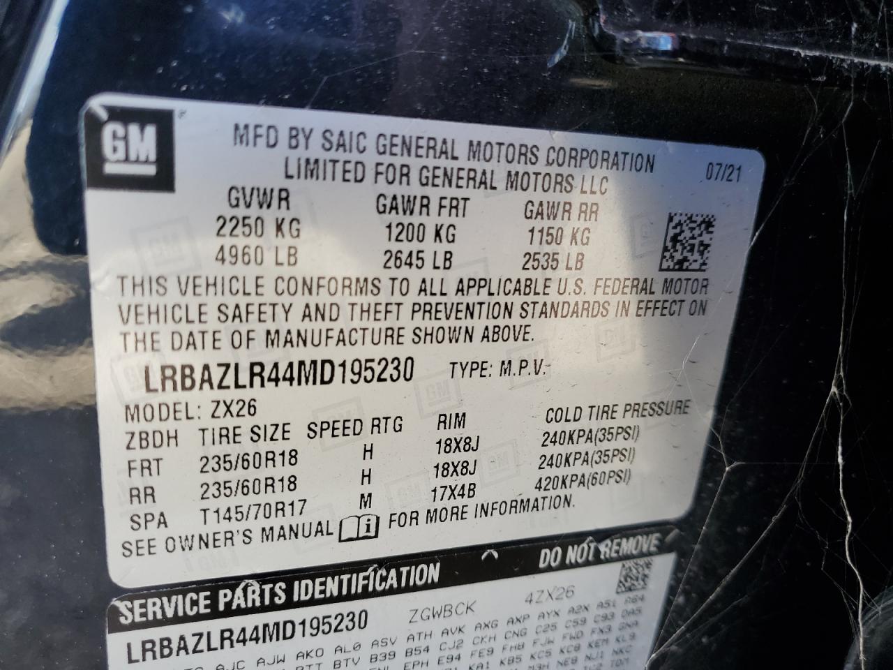 2021 Buick Envision Preferred VIN: LRBAZLR44MD195230 Lot: 55105805