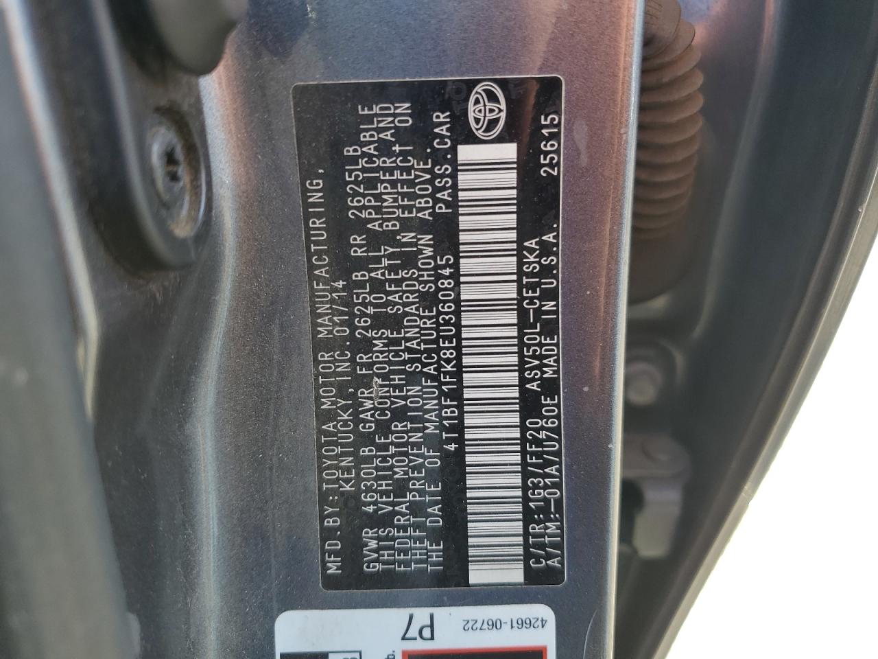 2014 Toyota Camry L VIN: 4T1BF1FK8EU360845 Lot: 55428535
