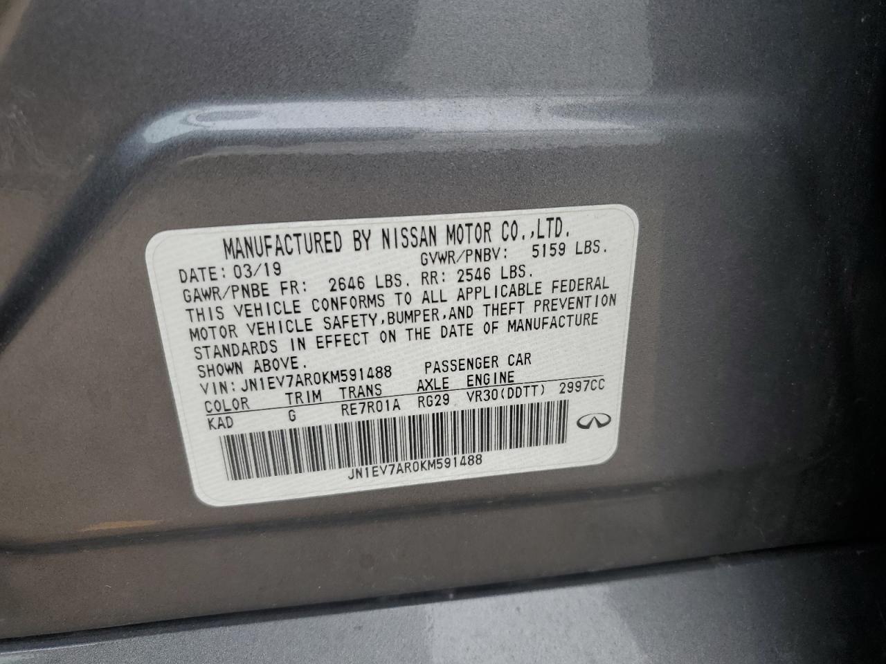 2019 Infiniti Q50 Luxe VIN: JN1EV7AR0KM591488 Lot: 56716385