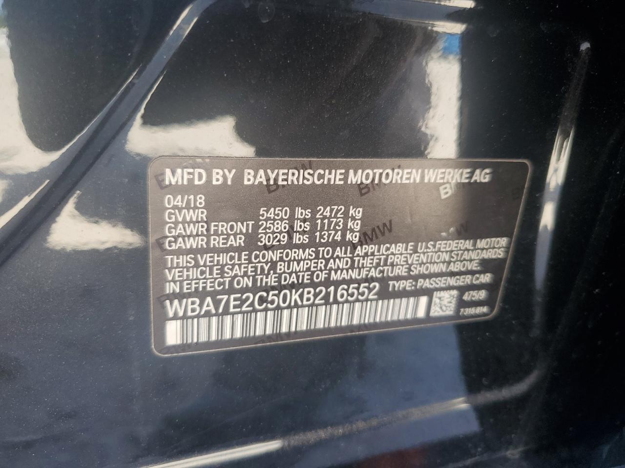 2019 BMW 740 I VIN: WBA7E2C50KB216552 Lot: 56991985