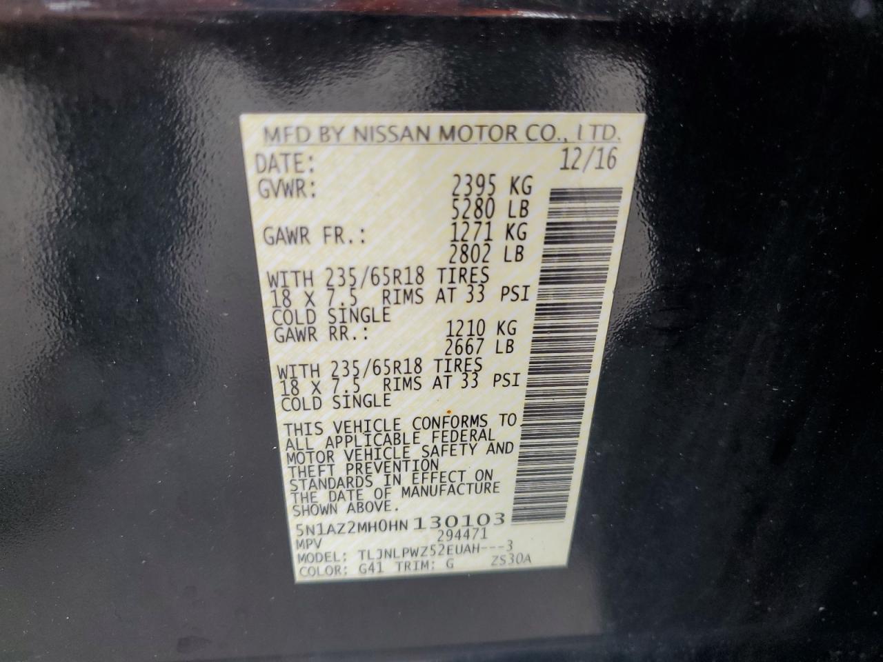 2017 Nissan Murano S VIN: 5N1AZ2MH0HN130103 Lot: 56544875