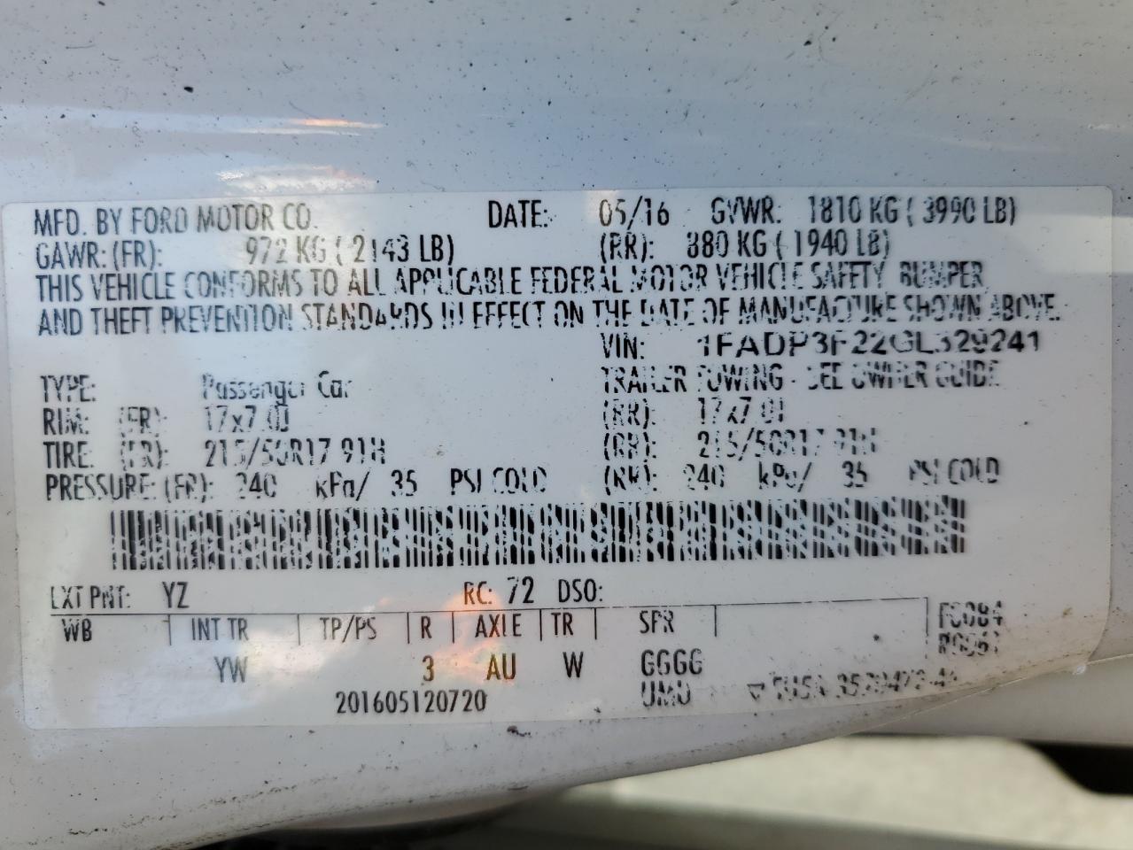 1FADP3F22GL329241 FORD FOCUS 2016