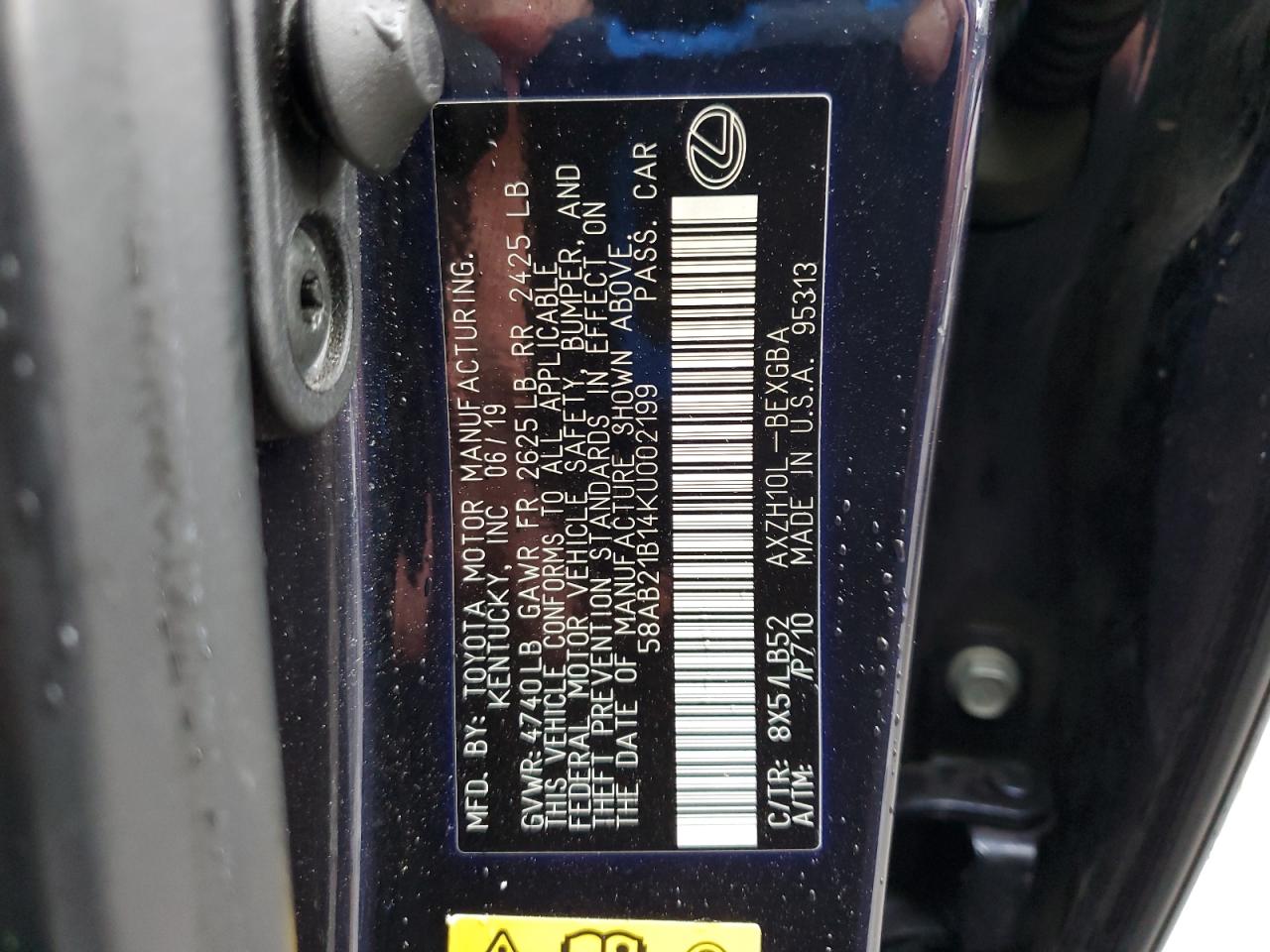 2019 Lexus Es 300H VIN: 58AB21B14KU002199 Lot: 56734845