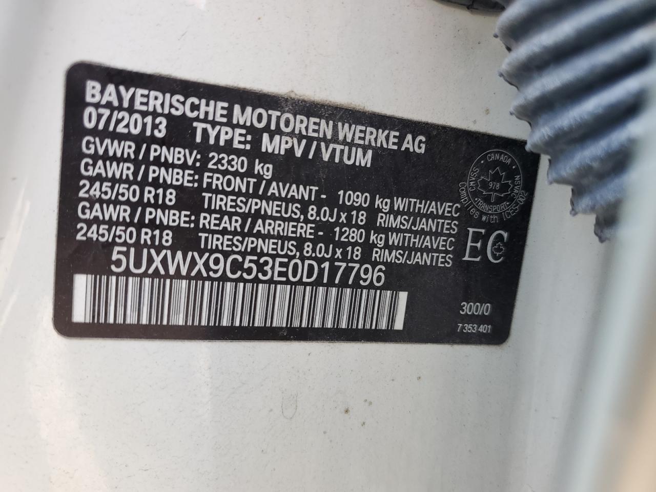 2014 BMW X3 xDrive28I VIN: 5UXWX9C53E0D17796 Lot: 56383085