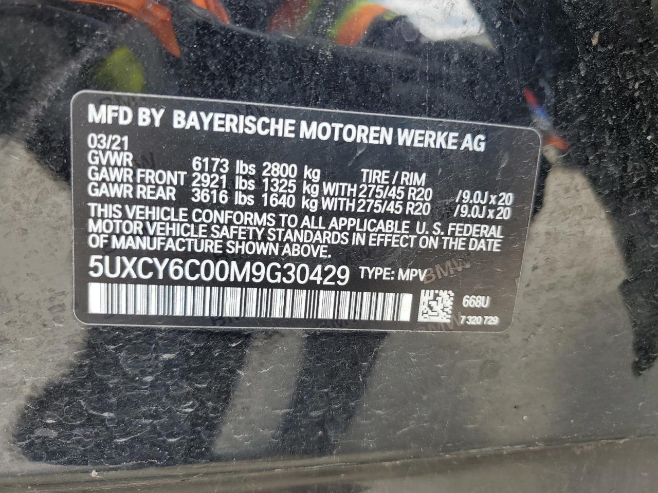 2021 BMW X6 xDrive40I VIN: 5UXCY6C00M9G30429 Lot: 56020785