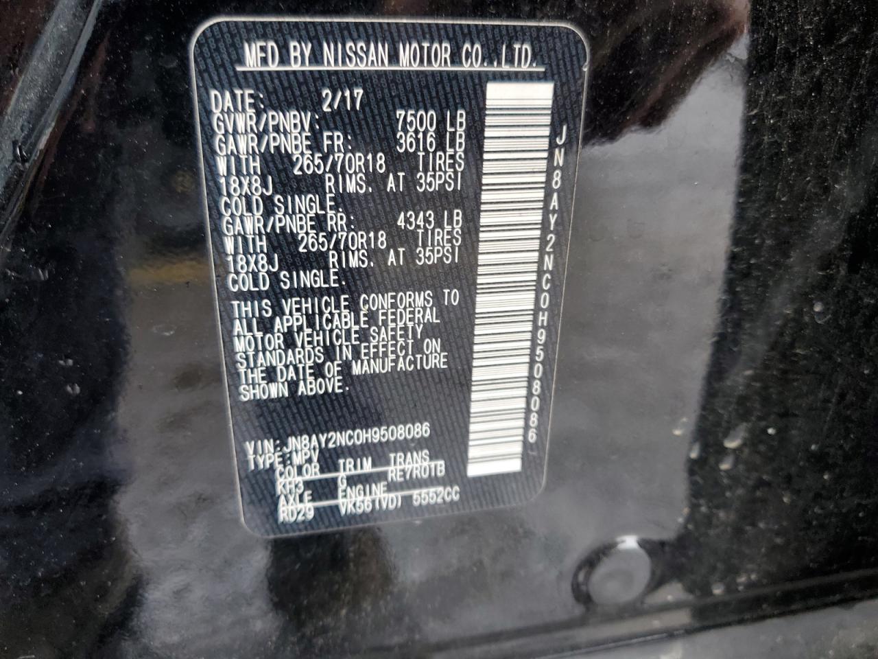 2017 Nissan Armada Sv VIN: JN8AY2NC0H9508086 Lot: 56828275