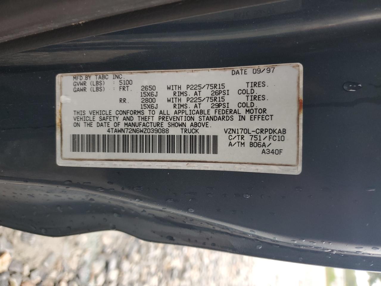 1998 Toyota Tacoma Xtracab VIN: 4TAWN72N6WZ039088 Lot: 84564655