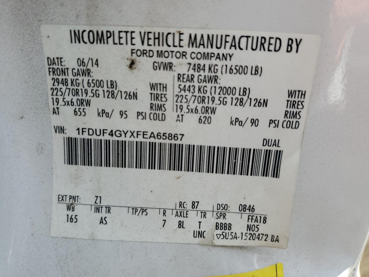 2015 Ford F450 Super Duty VIN: 1FDUF4GYXFEA65867 Lot: 56827645