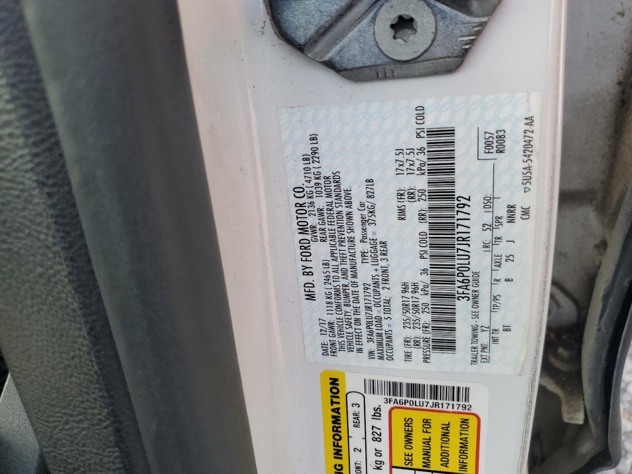 2018 Ford Fusion Se Hybrid VIN: 3FA6P0LU7JR171792 Lot: 54043025