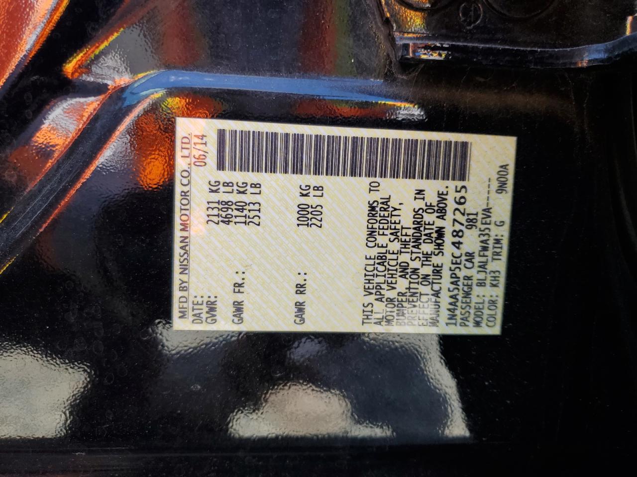 2014 Nissan Maxima S VIN: 1N4AA5AP5EC487265 Lot: 56600695