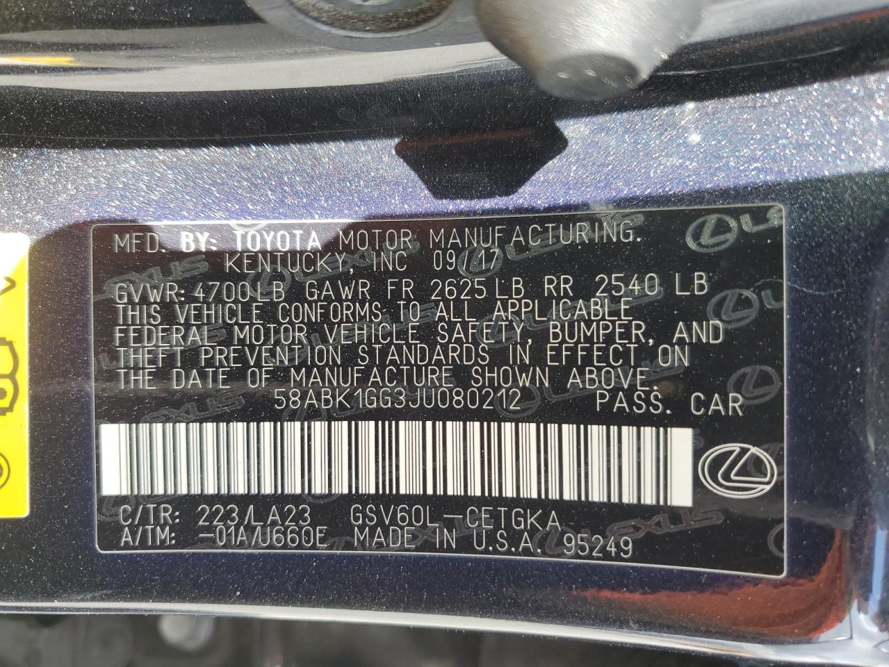 2018 Lexus Es 350 VIN: 58ABK1GG3JU080212 Lot: 56901885
