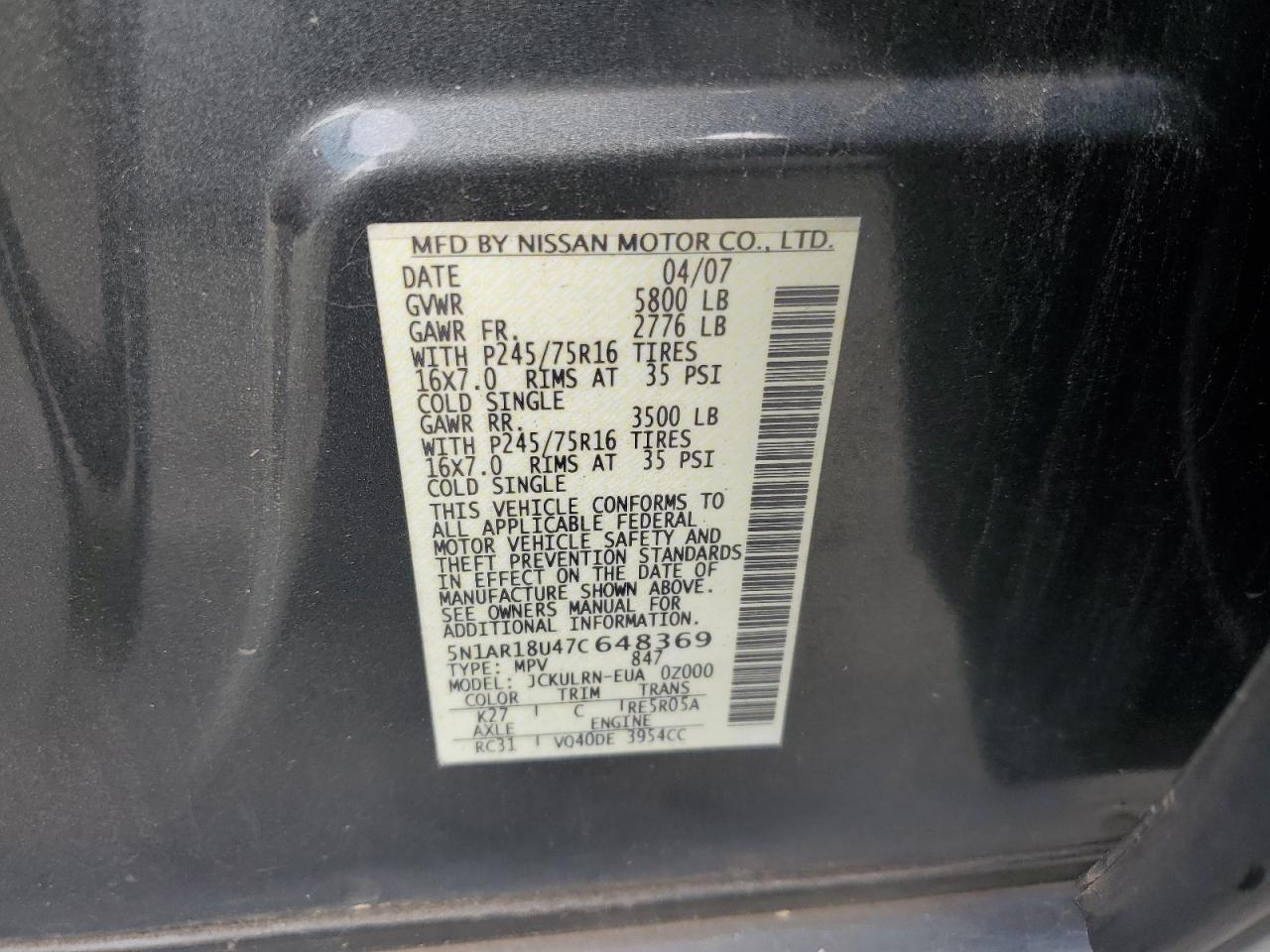 2007 Nissan Pathfinder Le VIN: 5N1AR18U47C648369 Lot: 58533605