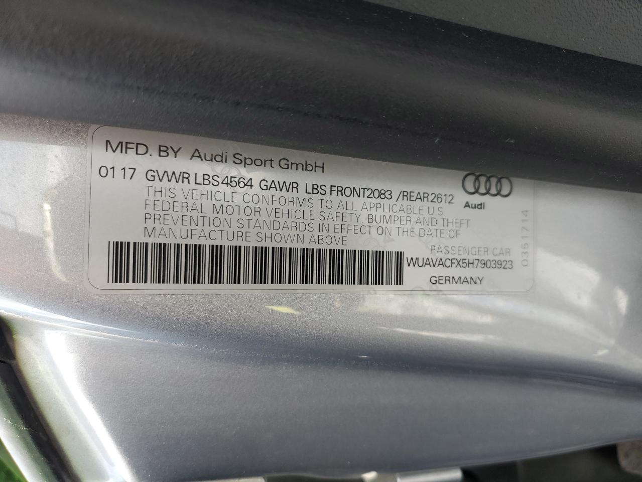 2017 Audi R8 Spyder VIN: WUAVACFX5H7903923 Lot: 57079895