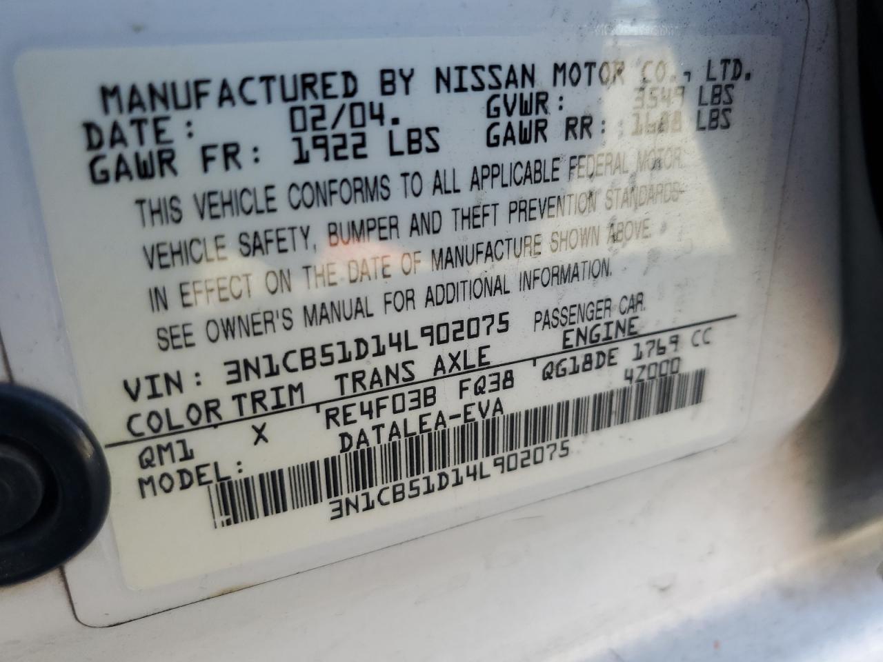 2004 Nissan Sentra 1.8 VIN: 3N1CB51D14L902075 Lot: 59306525
