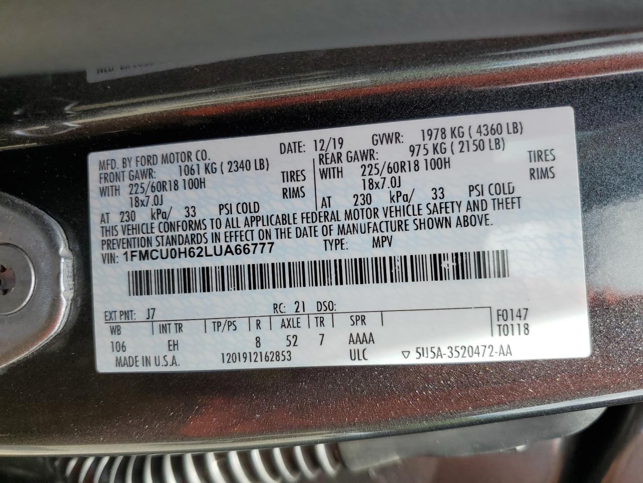 2020 Ford Escape Sel VIN: 1FMCU0H62LUA66777 Lot: 55752235