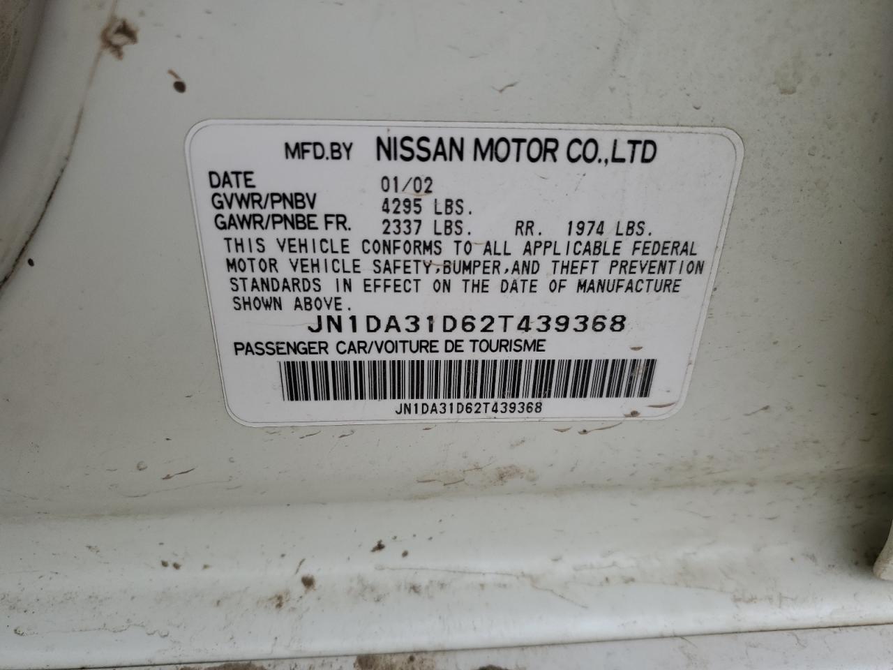 2002 Nissan Maxima Gle VIN: JN1DA31D62T439368 Lot: 55974985