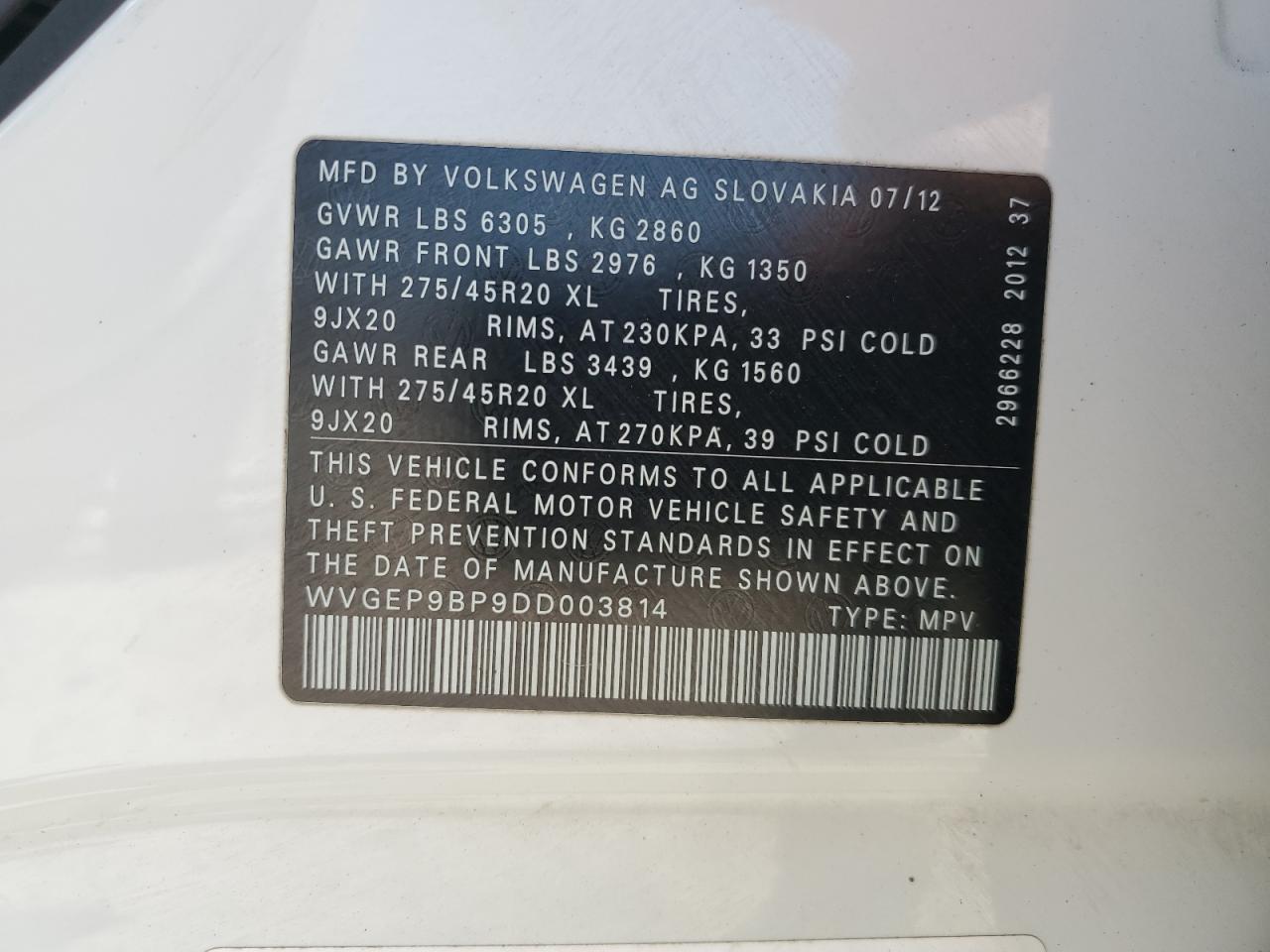 2013 Volkswagen Touareg V6 Tdi VIN: WVGEP9BP9DD003814 Lot: 56339165