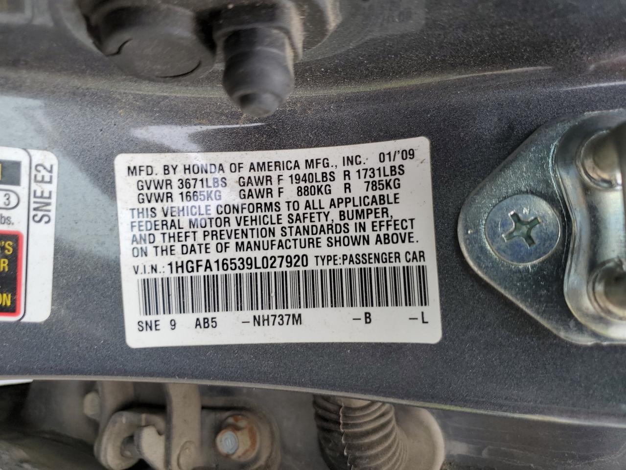 2009 Honda Civic Lx VIN: 1HGFA16539L027920 Lot: 56651195