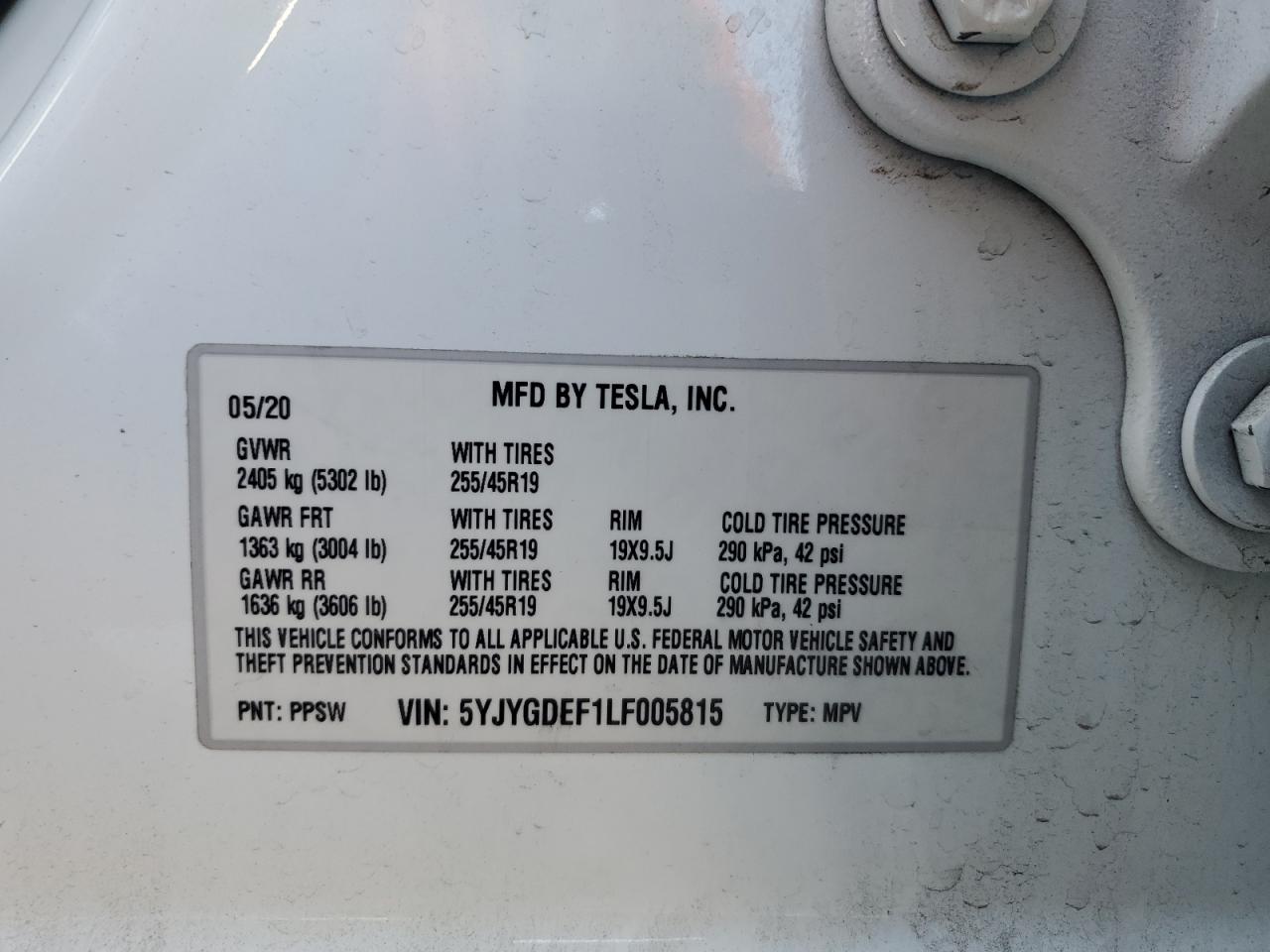 2020 Tesla Model Y VIN: 5YJYGDEF1LF005815 Lot: 57323595