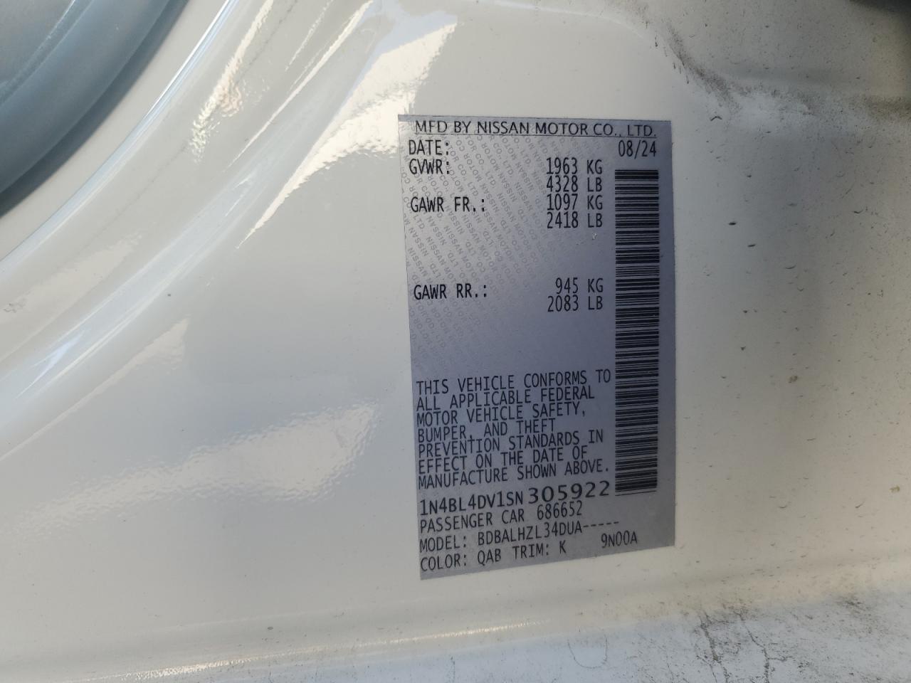 2025 Nissan Altima Sv VIN: 1N4BL4DV1SN305922 Lot: 56155625
