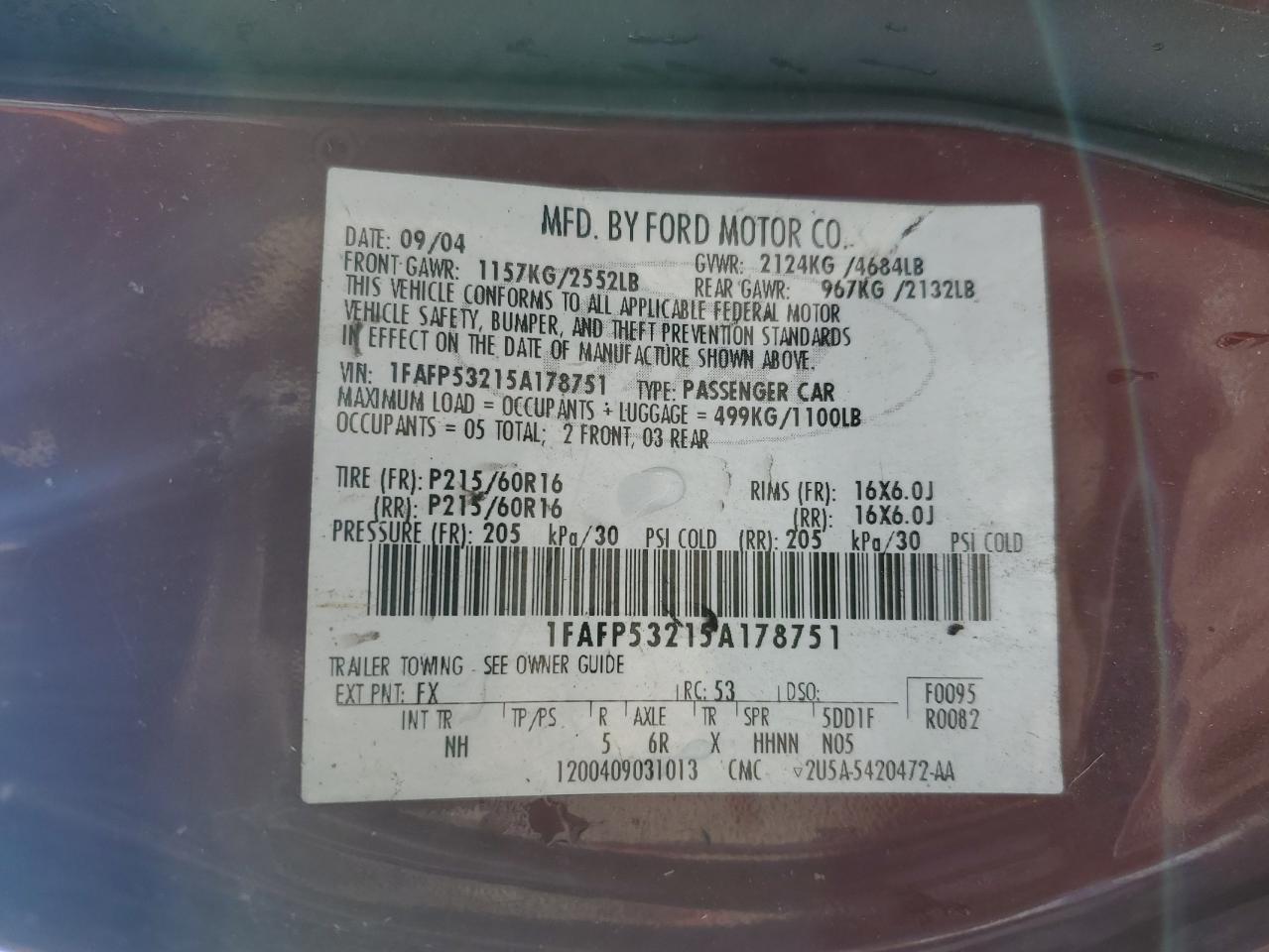 2005 Ford Taurus Se VIN: 1FAFP53215A178751 Lot: 57416685