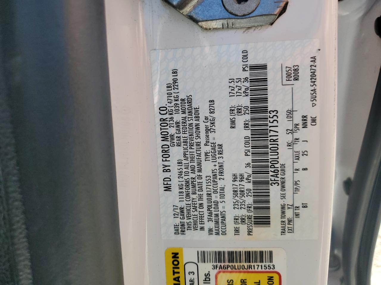 2018 Ford Fusion Se Hybrid VIN: 3FA6P0LU0JR171553 Lot: 54026815