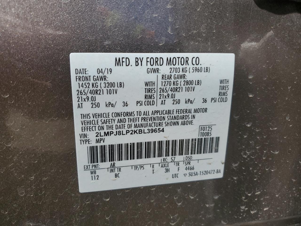 2019 Lincoln Nautilus Reserve VIN: 2LMPJ8LP2KBL39654 Lot: 57976555