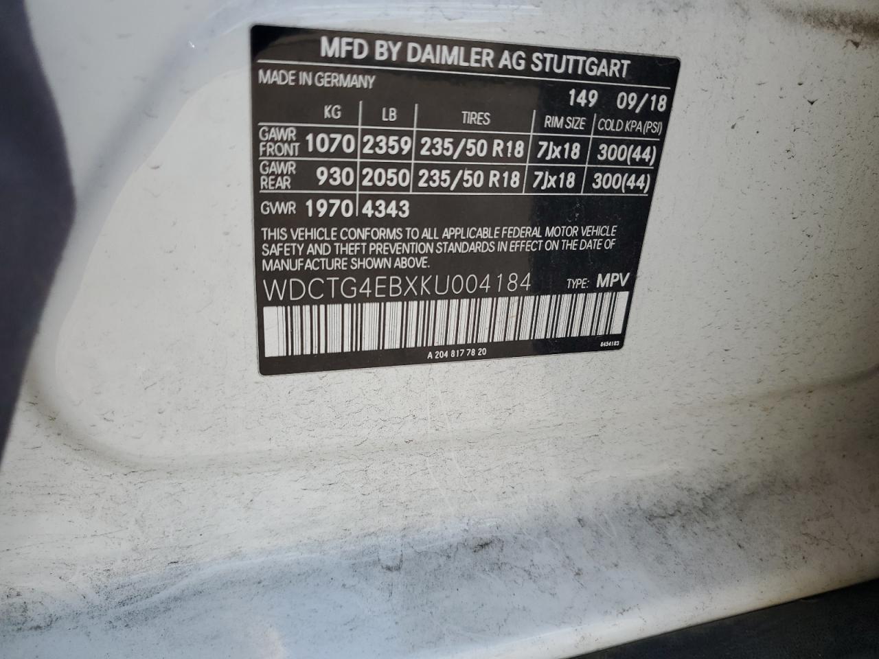 2019 Mercedes-Benz Gla 250 VIN: WDCTG4EBXKU004184 Lot: 55286355