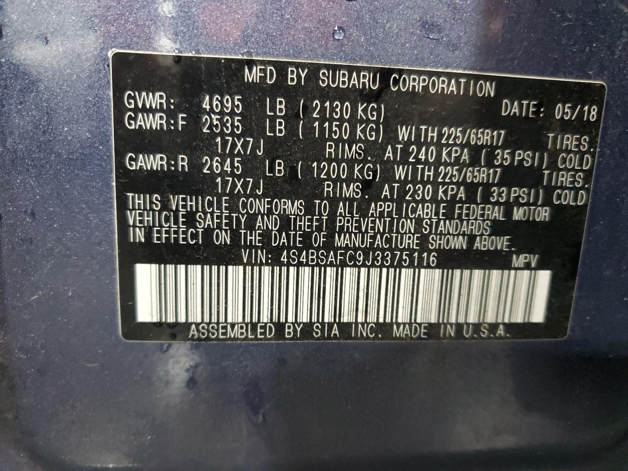 2018 Subaru Outback 2.5I Premium VIN: 4S4BSAFC9J3375116 Lot: 56371385