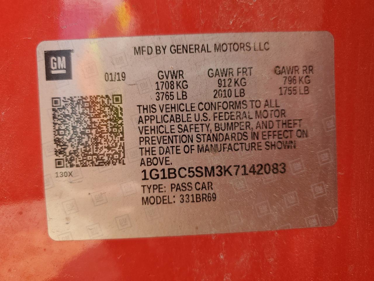 2019 Chevrolet Cruze Ls VIN: 1G1BC5SM3K7142083 Lot: 57252125