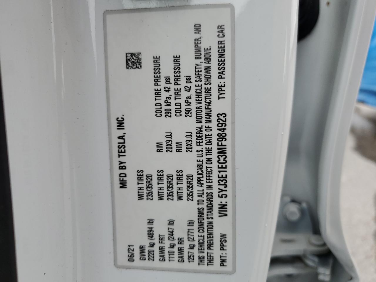 2021 Tesla Model 3 VIN: 5YJ3E1EC3MF984923 Lot: 55895125