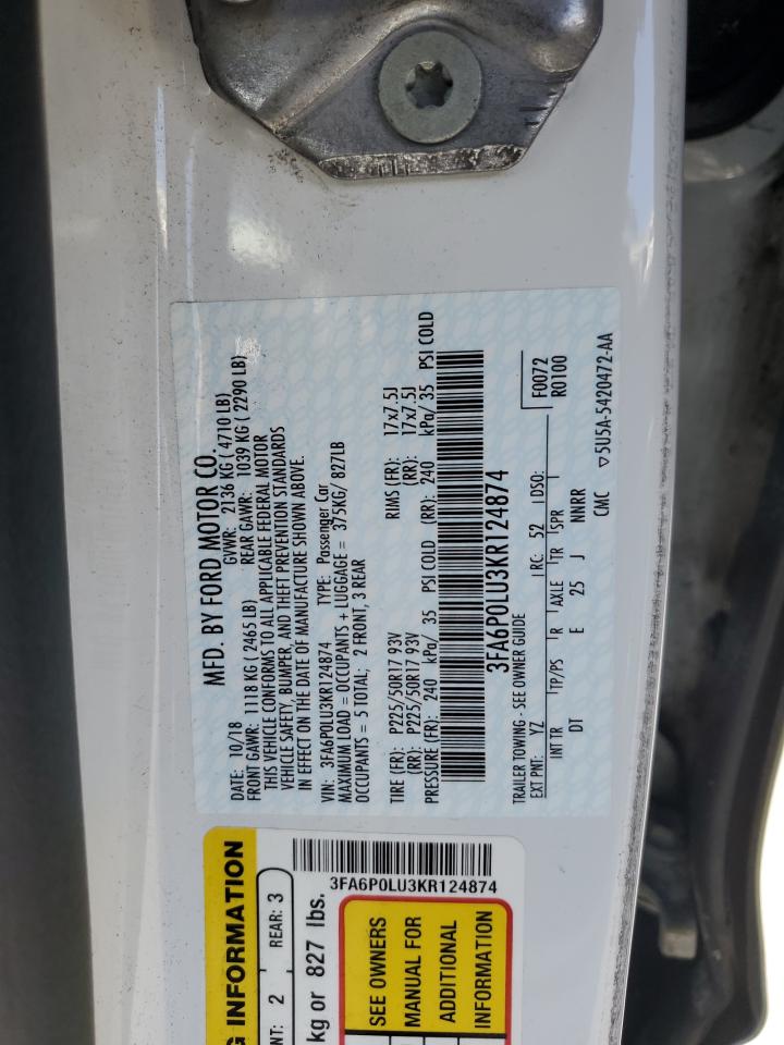 2019 Ford Fusion Se VIN: 3FA6P0LU3KR124874 Lot: 57160475